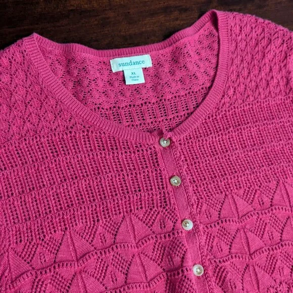Sundance Womens XL Pink Whispering Winds Pointelle Crochet Henley Boho Spring - Picture 4 of 5